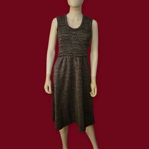 Vtg CARON 1980s Silver Metallic Sleeveless Raw Hem Smocked Dress
